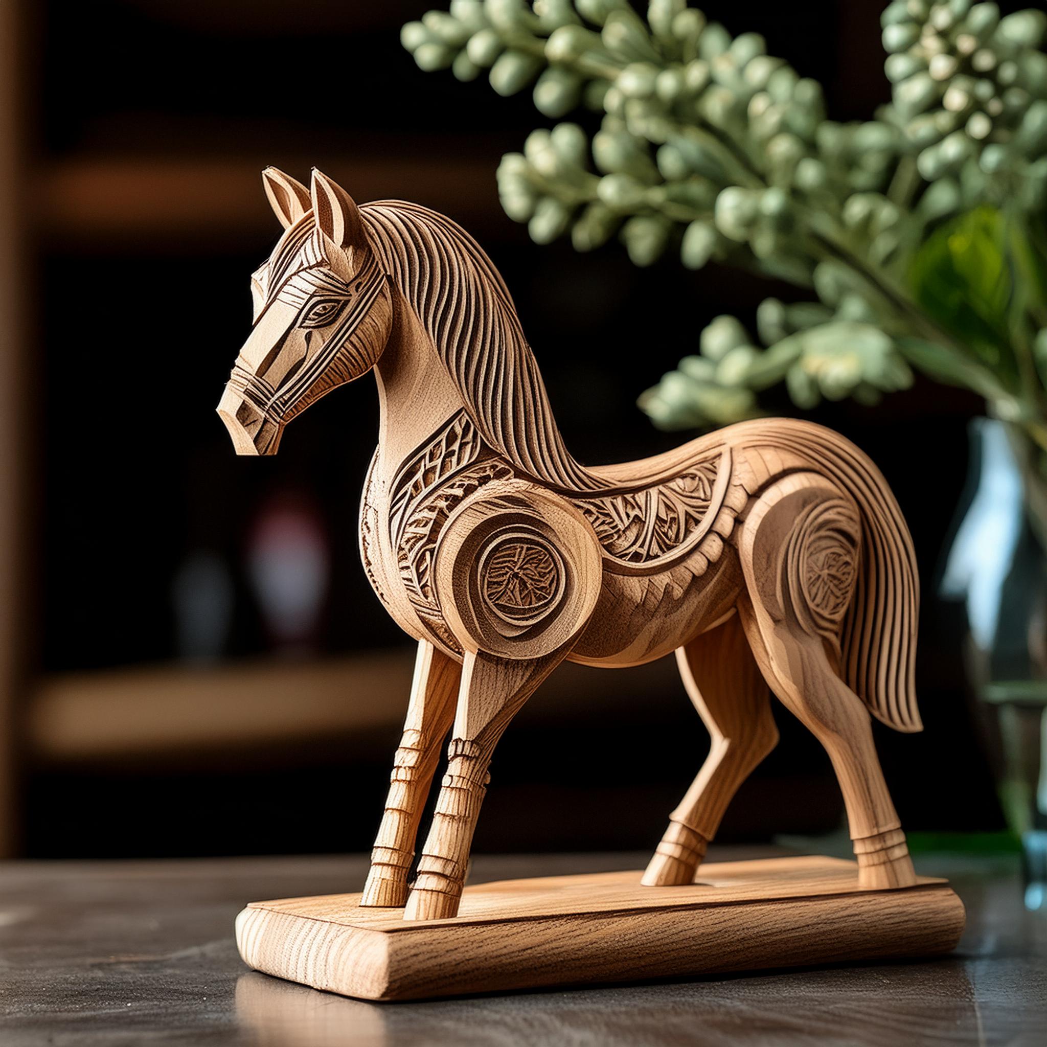 Firefly hyperrealistic photograph of a figure of a horse carved in wood; DIY; crafts; decor 82724