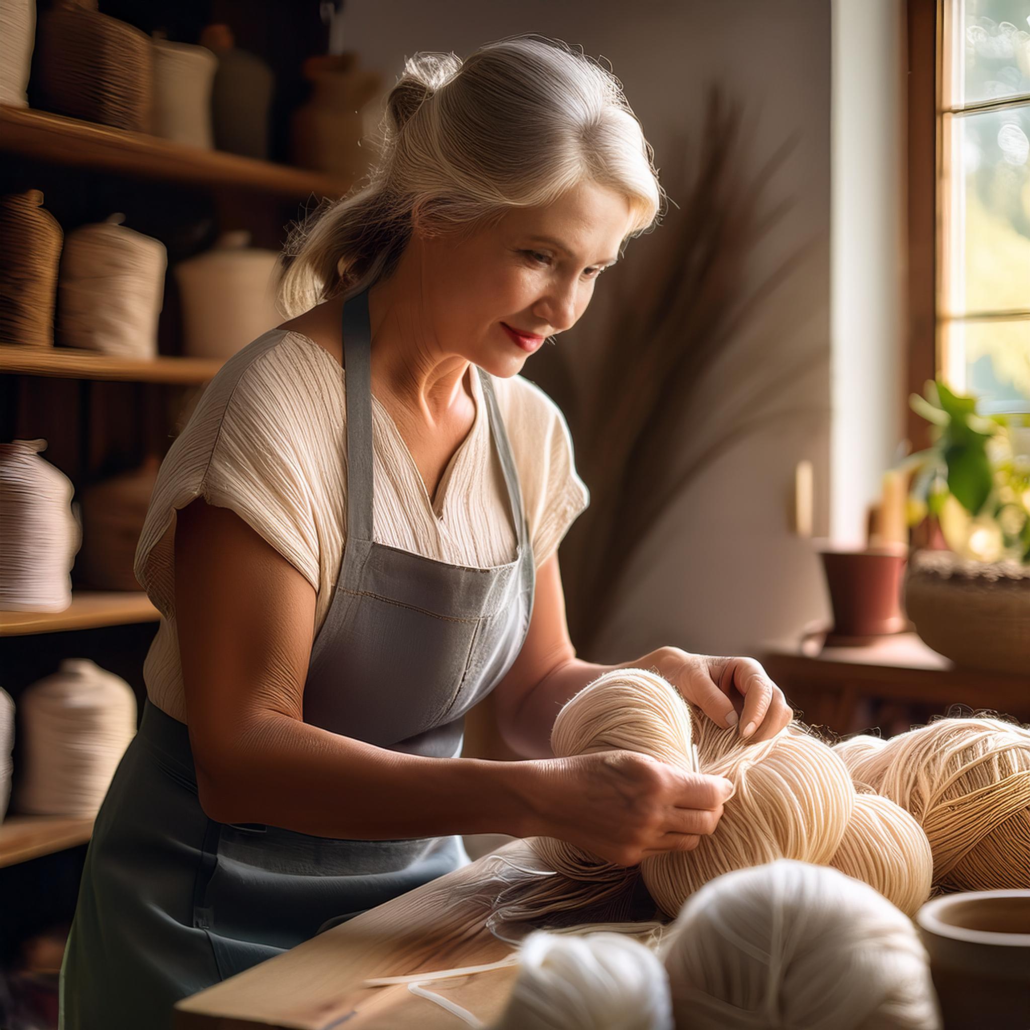 Firefly Hyperrealistic photograph of a woman using fiber in her home, with an apron; housewife; fibe