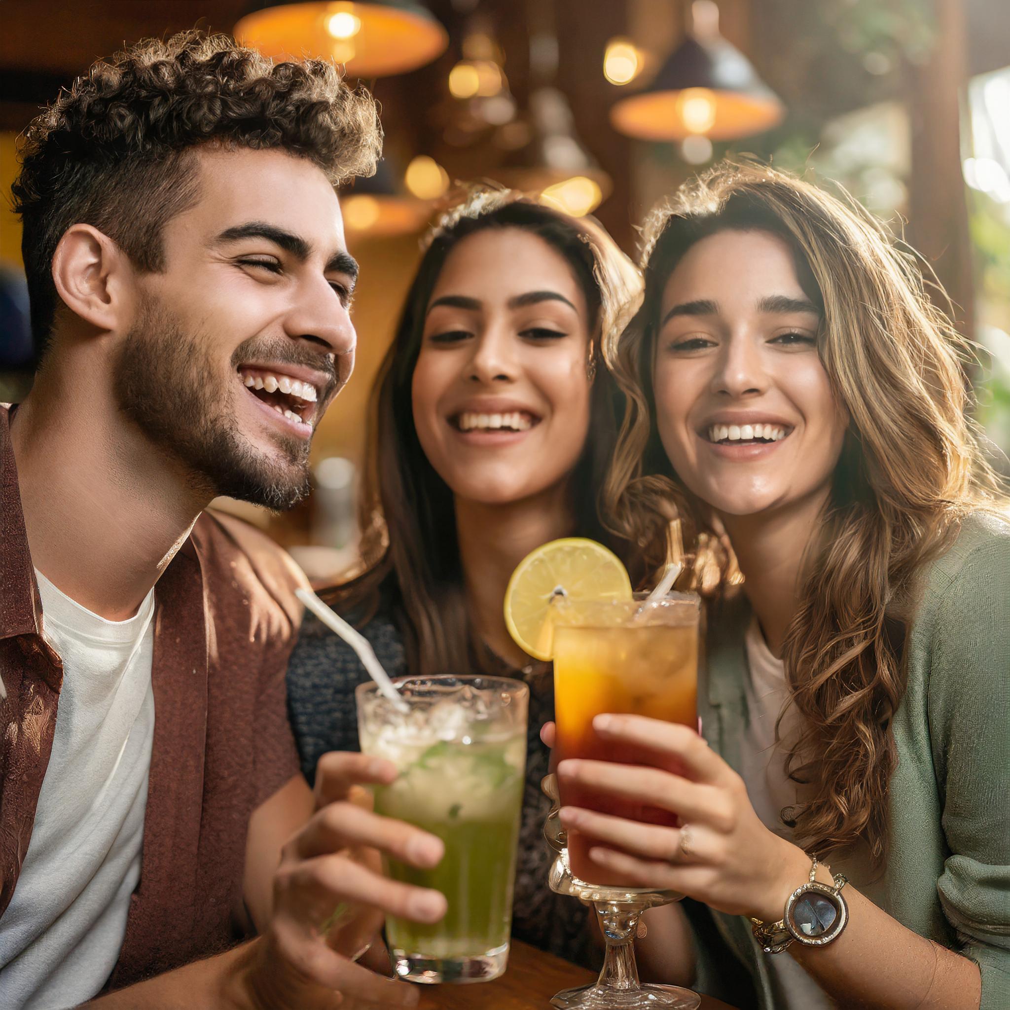 Firefly Hyperrealistic close-up photography of a group of friends in a Brazilian bar having a drink