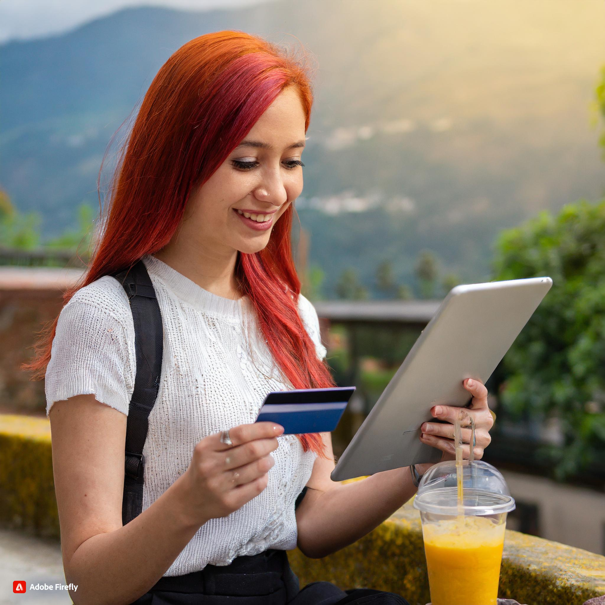 Firefly White Reddish Hair Woman using her tablet with the Left Mine while in her right hand she has