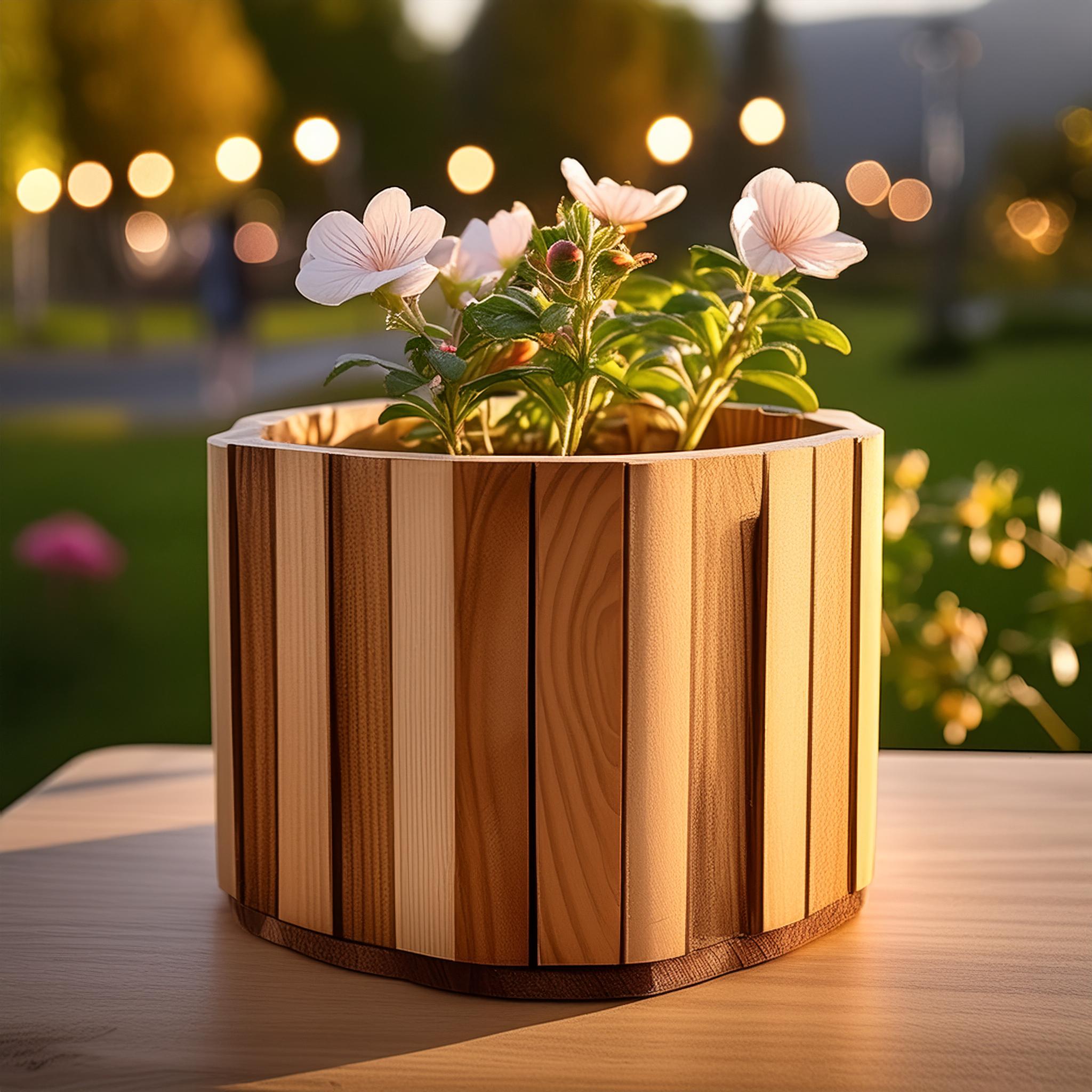 Firefly hyperrealistic photograph of a recycled wood flower pot; DIY; decor; foreground 52393