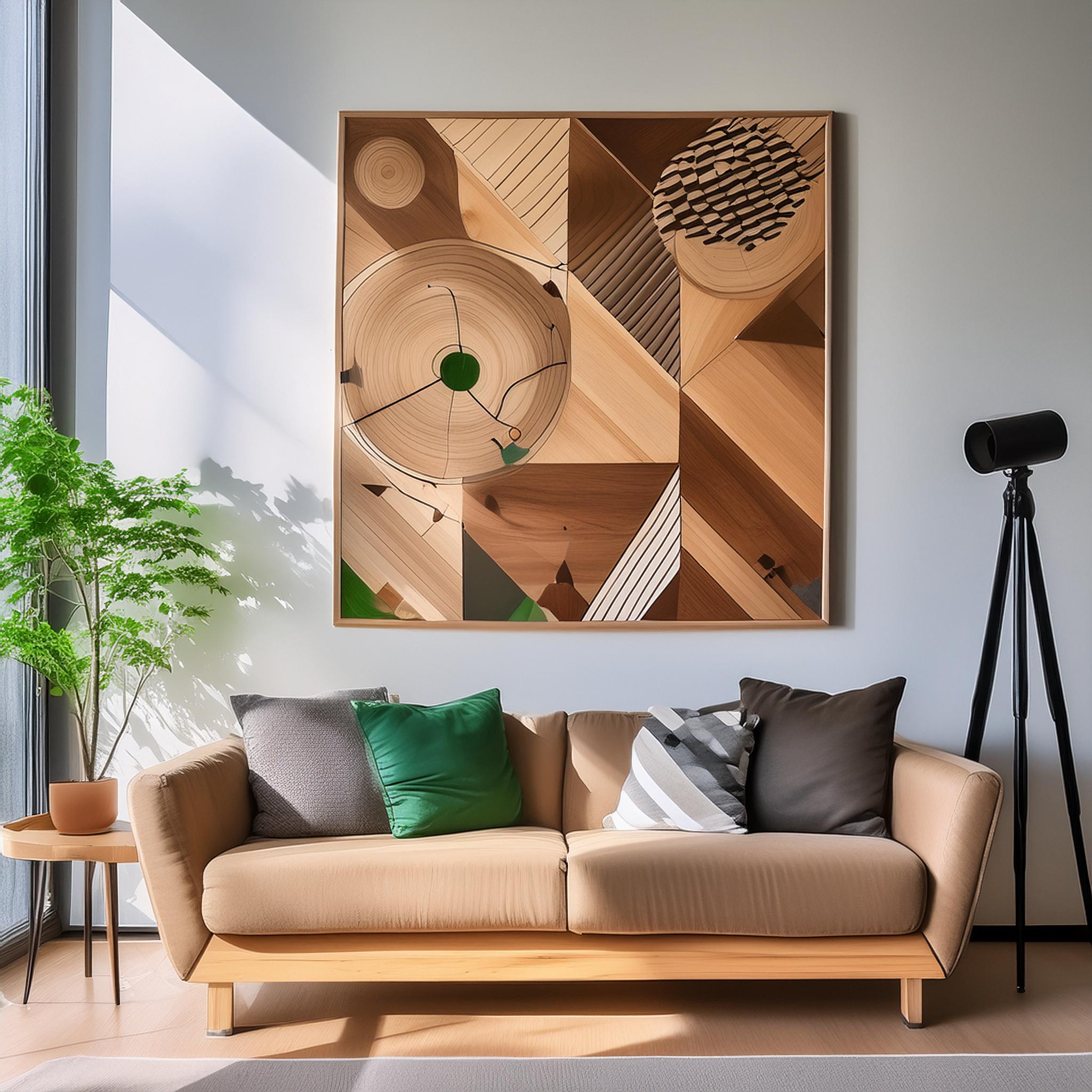 Firefly hyperrealistic photograph of a recycled wooden painting with geometric figures hanging on th