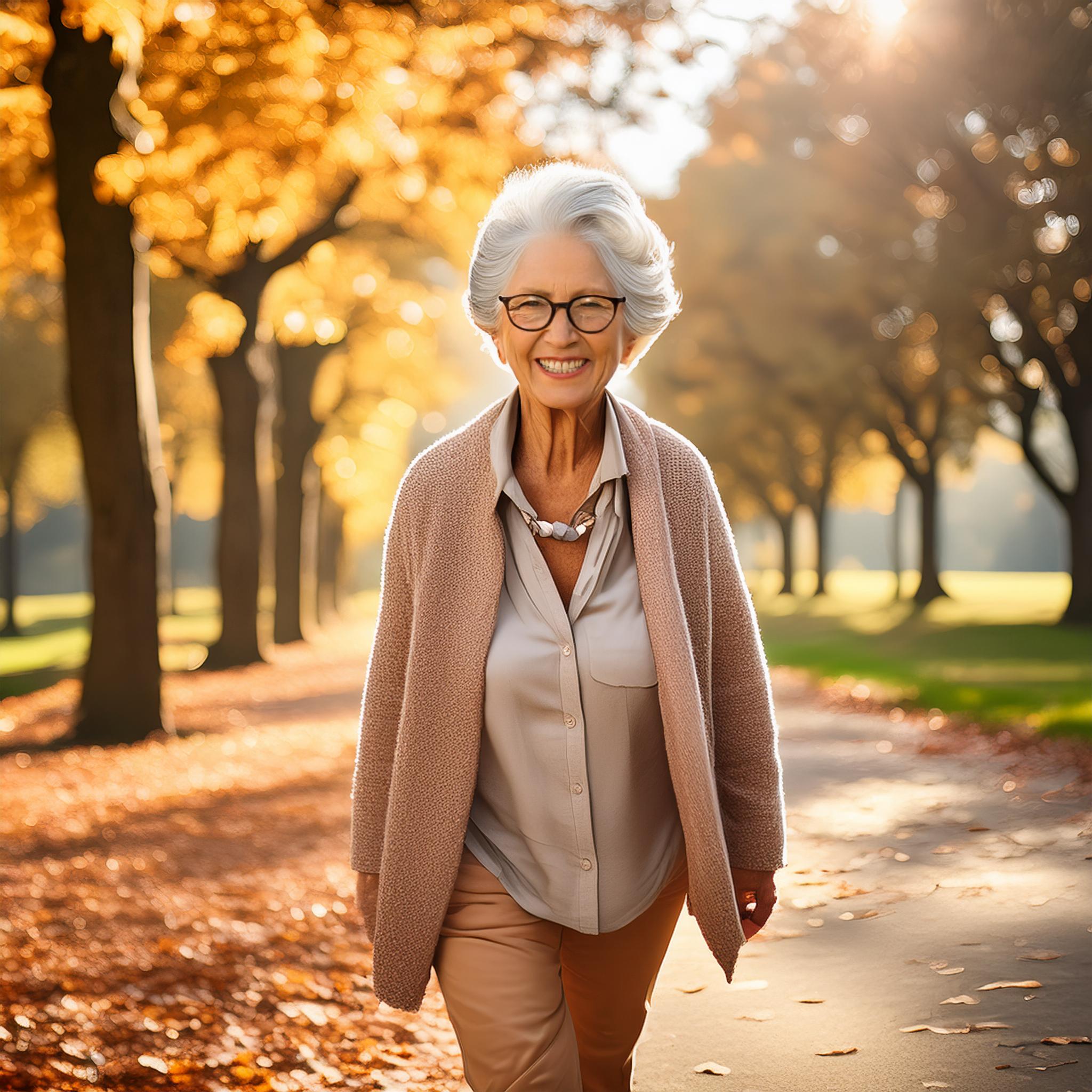 Firefly hyperrealistic photograph of an elderly person happily walking in the middle of a park 70740