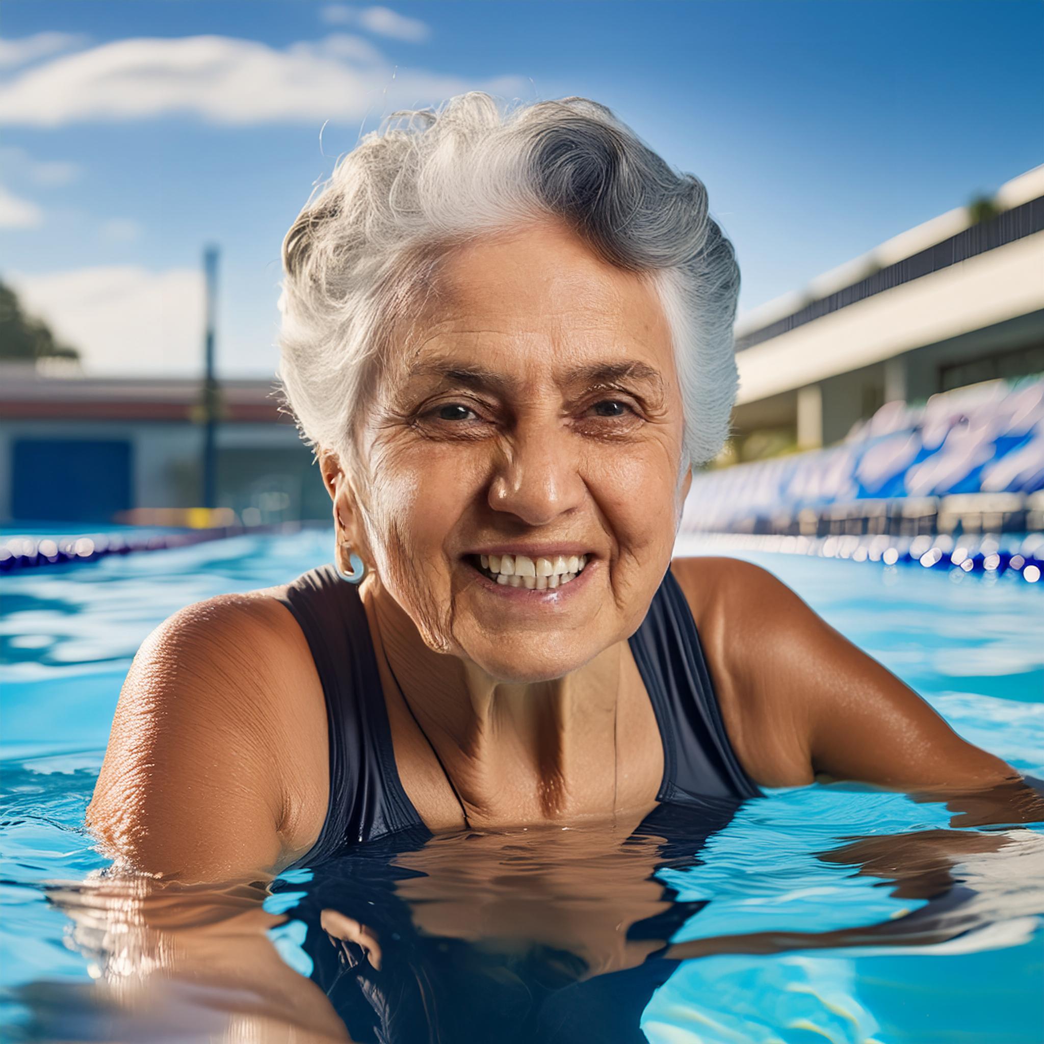 Firefly hyperrealistic photograph of an elderly person swimming in an Olympic pool 43302