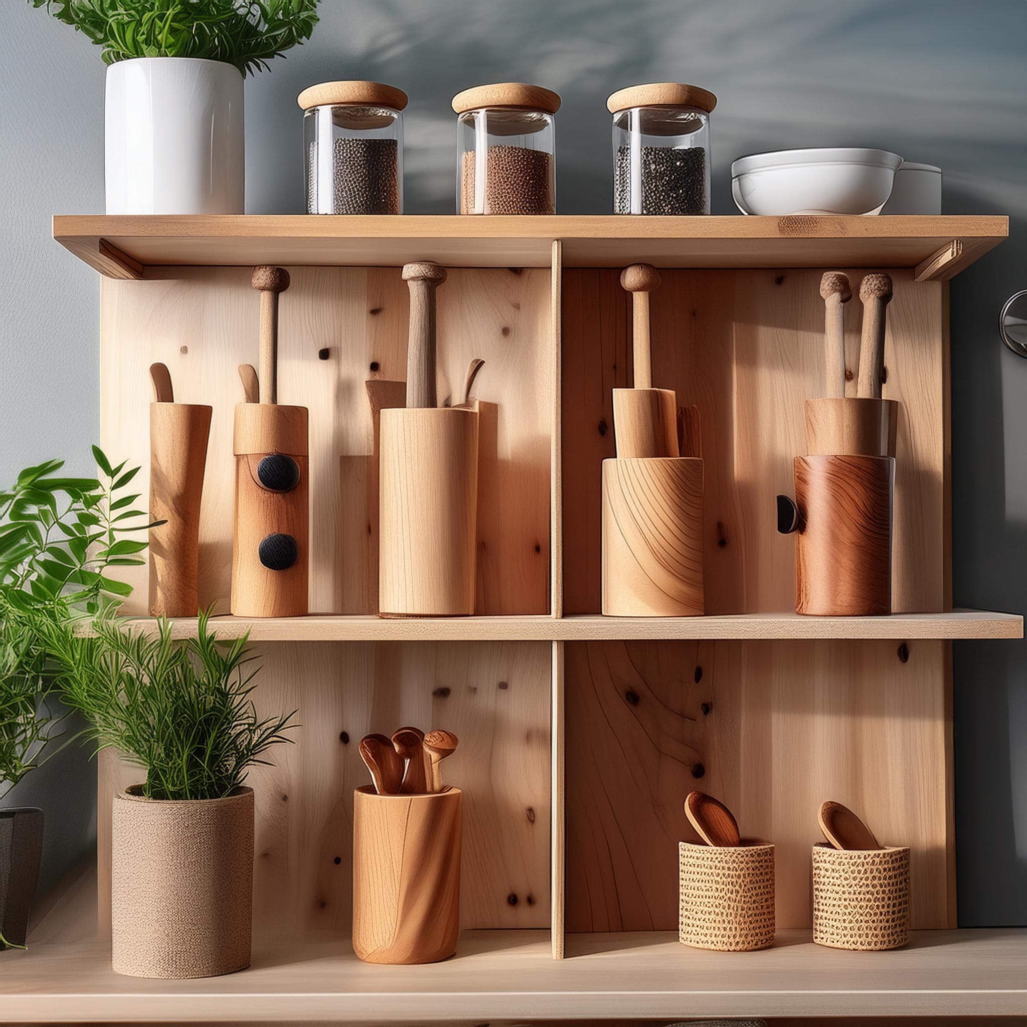 Firefly hyperrealistic photograph of wooden spice racks on a kitchen shelf; foreground; kitchen; spi (1)