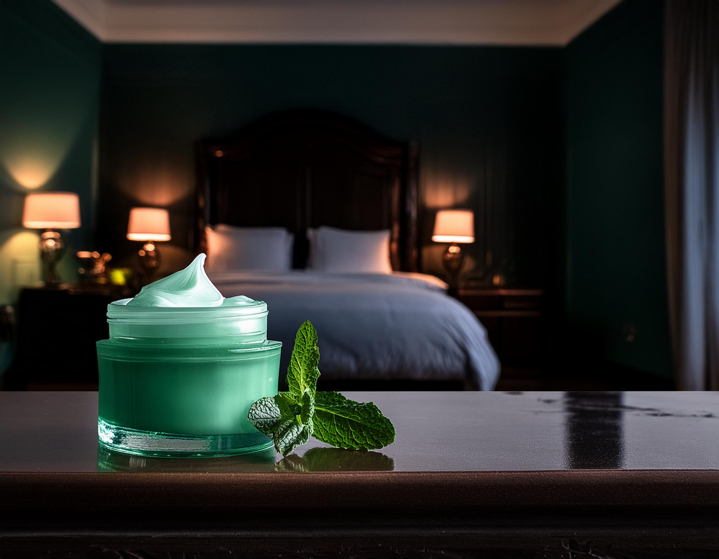 Firefly hyperrealistic photograph of a menthol cream on a countertop of the bedroom bureau; concept;