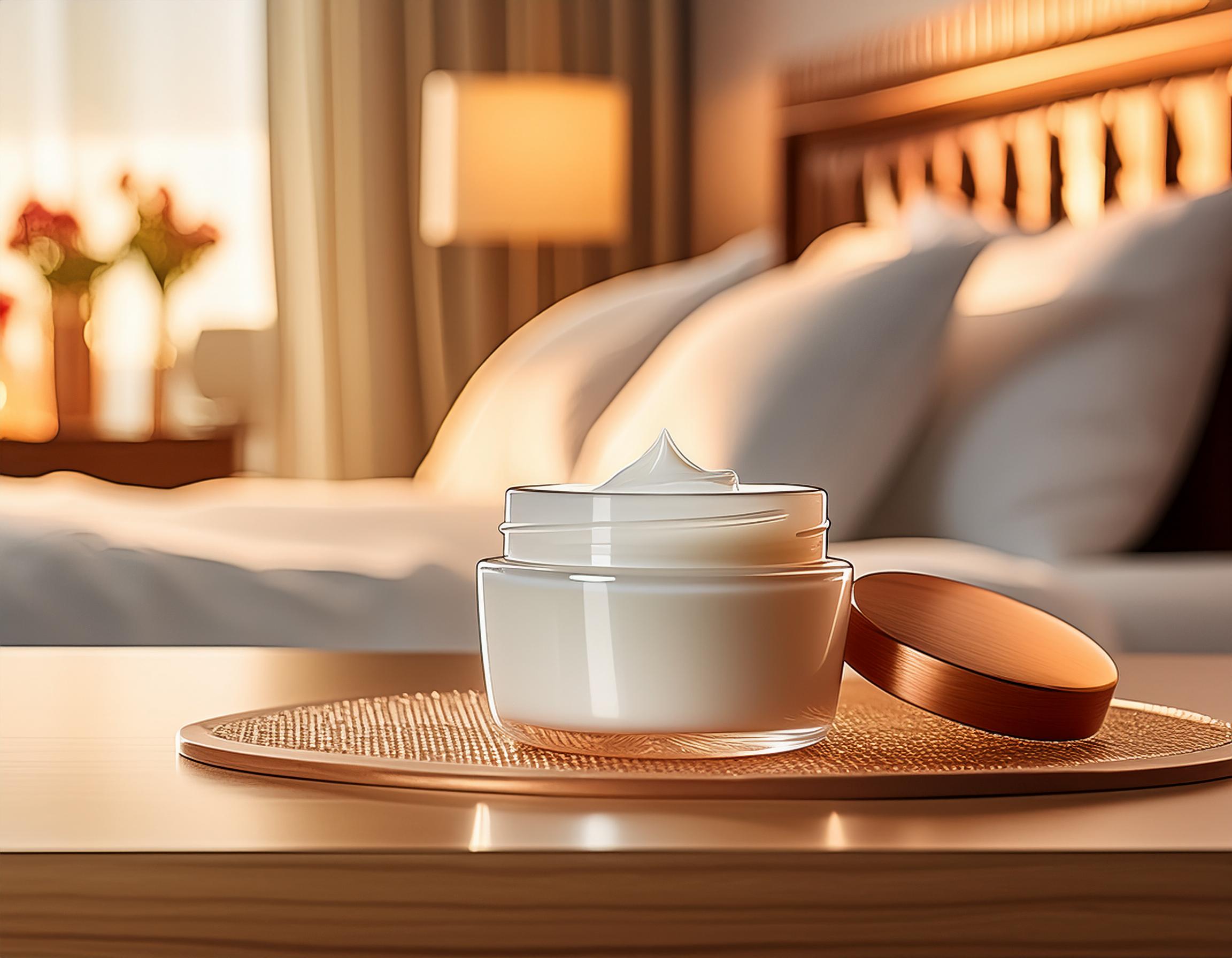 Firefly hyperrealistic photograph of an itch cream on a countertop of the bedroom bureau; concept; w